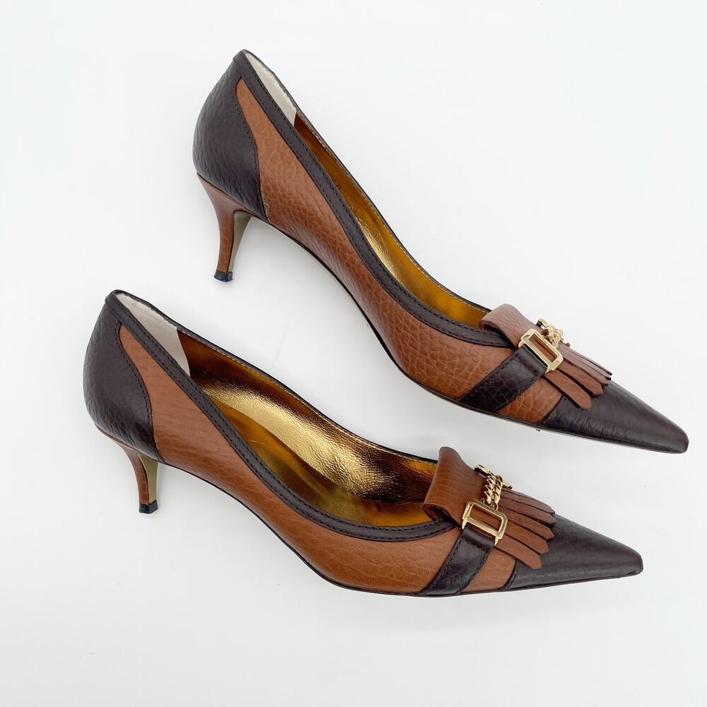Dolce & Gabbana Vintage Brown Leather Fringe DG Chain Cap Toe Kitten Heels IT 40 - Picture 5 of 13
